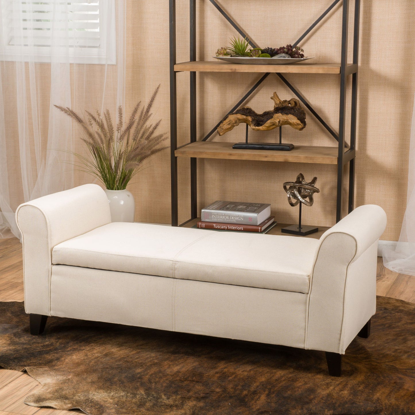 Glistening - Upholstered Storage Bench With Rolled Arms And Wood Legs - Beige