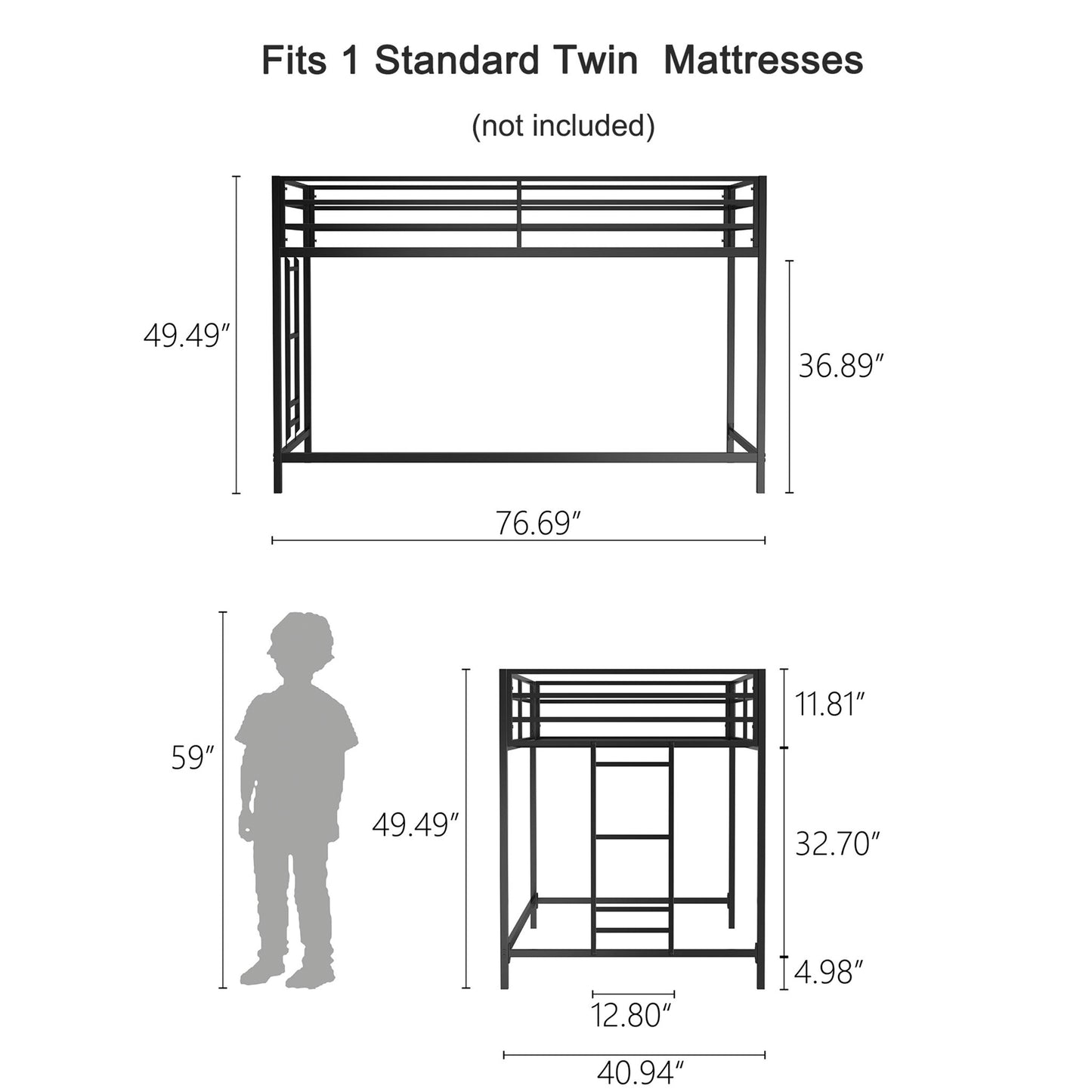 Adam - Junior Twin Loft Bunk - Black