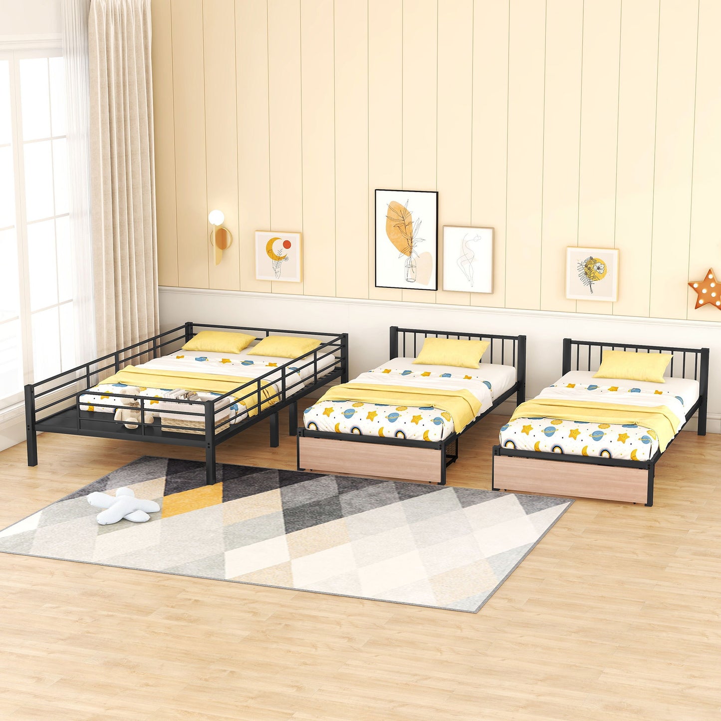 Triple Bunk Bed With Drawers, Multi-Functional Frame With Desks And Shelves In The Middle