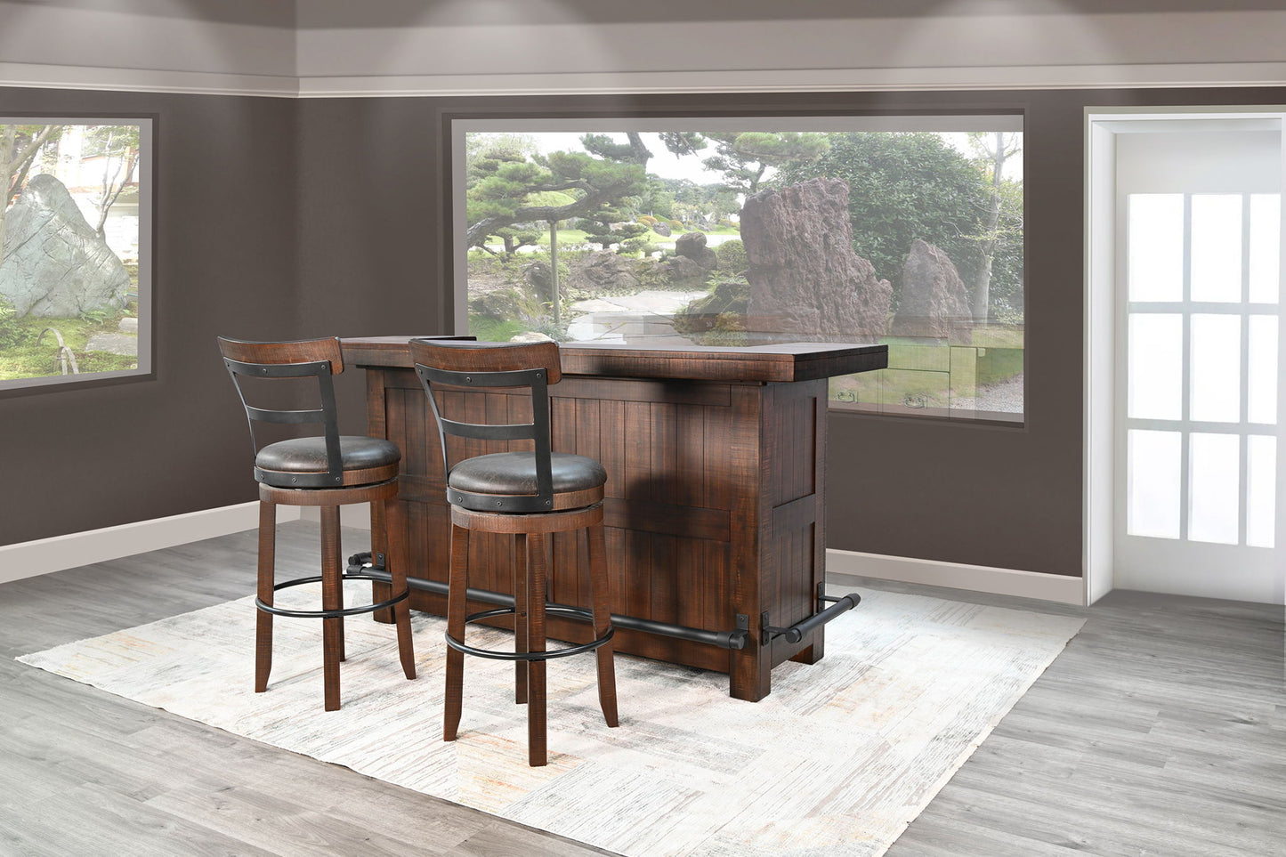 Traditional Wood Home Bar With Stools With Metal Back