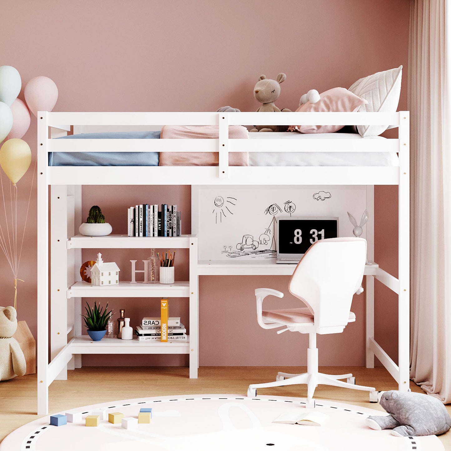 Loft Bed With Shelves, Desk And Writing Board