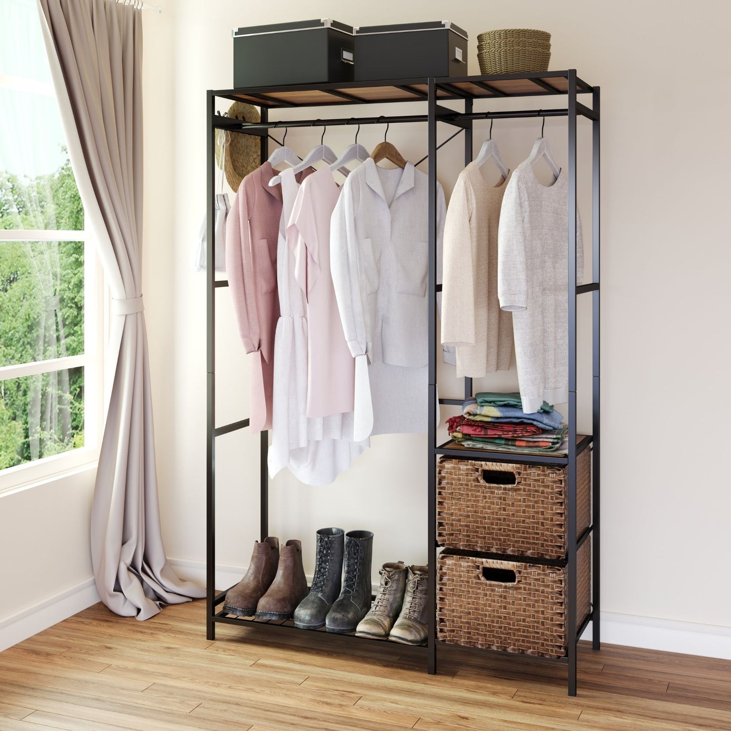 Garment Rack With Shelves, 2 Wicker Drawers, 4 Hooks, Organizer
