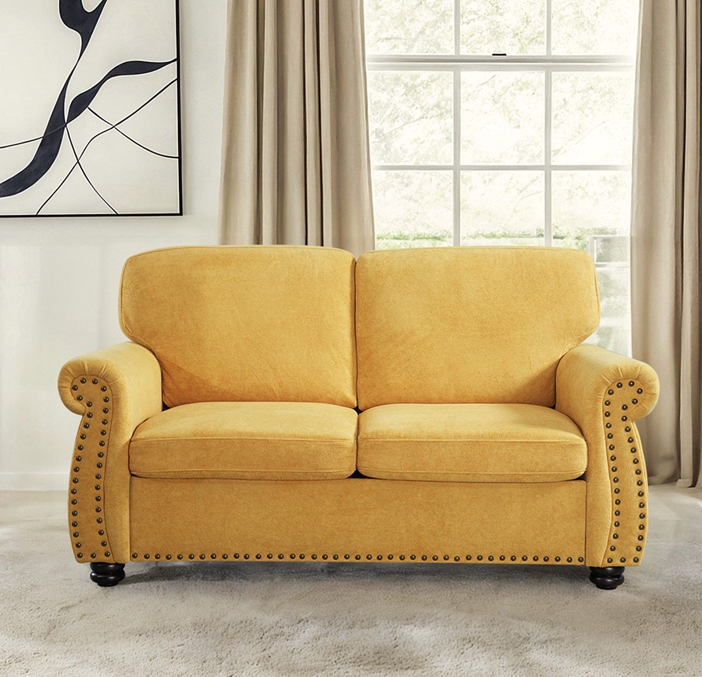 Soft Loveseat, Upholstered 2 Seater Couch, Loose Back Cushions And Turned Legs