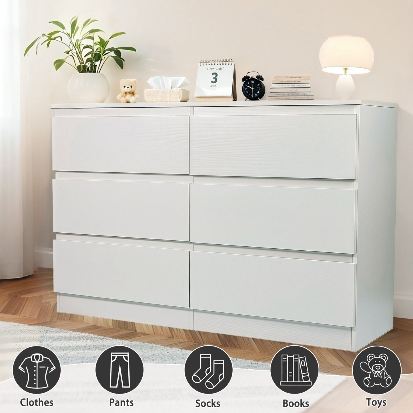 Modern 6 Drawer Dresser With Spacious Countertop And Concealed Handles, Storage Cabinet For Bedroom And Living Room - White