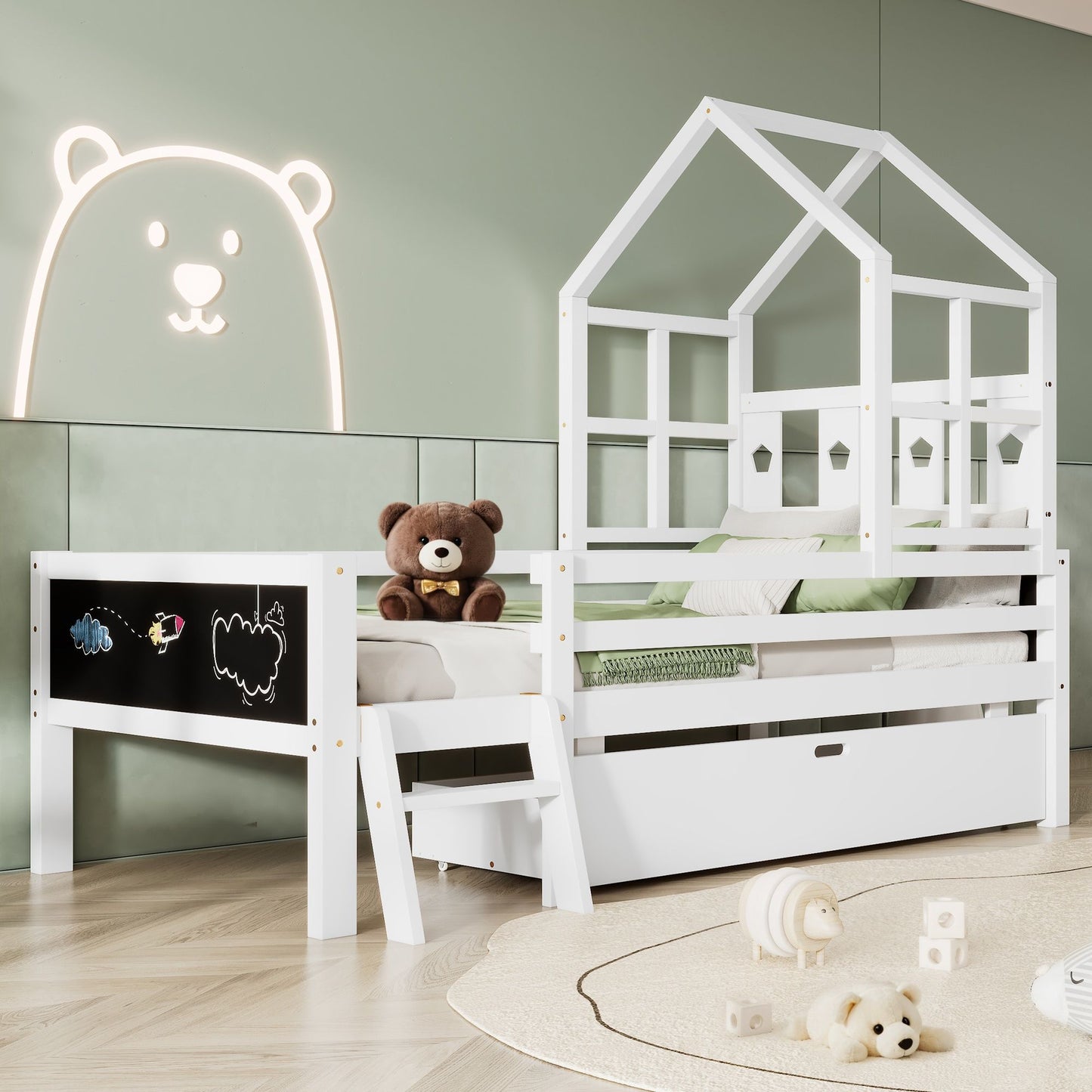 House Bed With Ladder And Storage Drawers Platform With Blackboard, No Box Spring