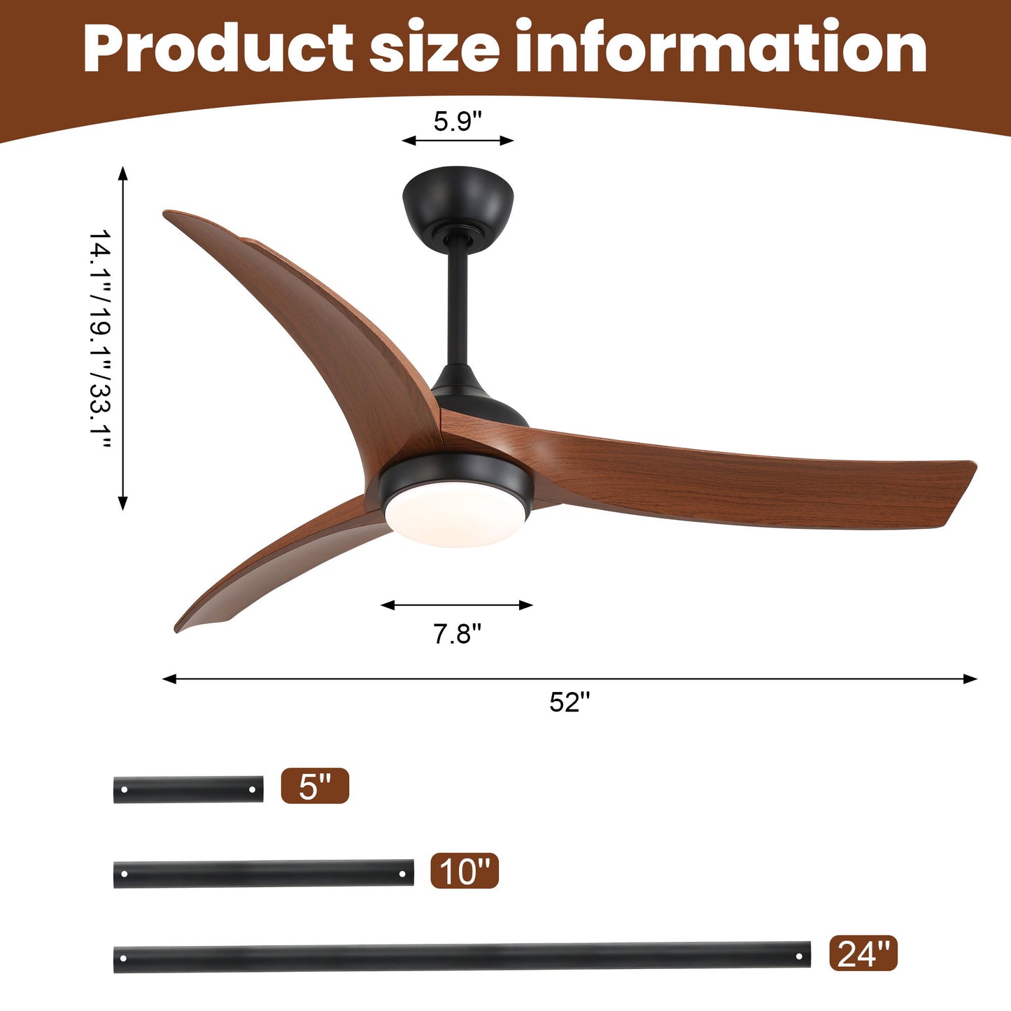 Ceiling Fan With 3 Blades, Remote Control Reversible DC Motor, Dimmable Light, And 1H / 4H / 8H Timer - Black