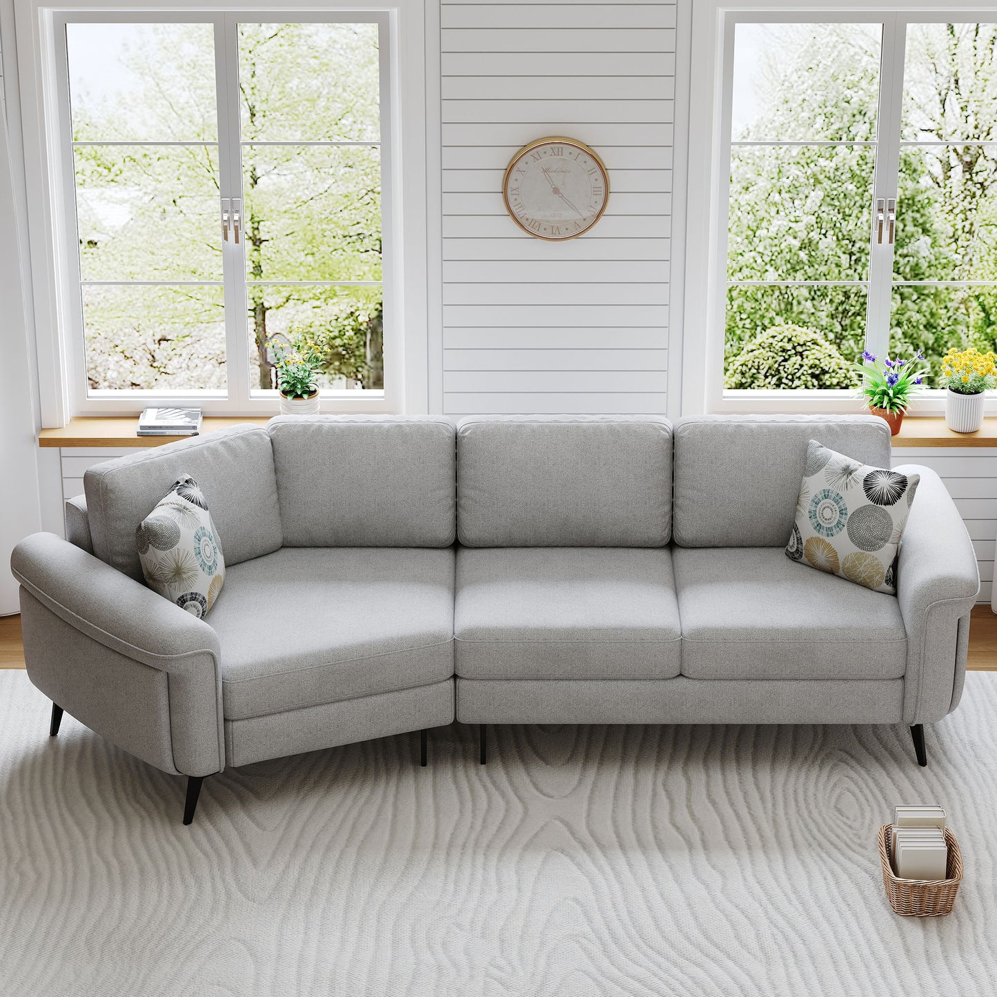 Upholstered 3 Seater Curved Sofa With Printed Pillows Chenille
