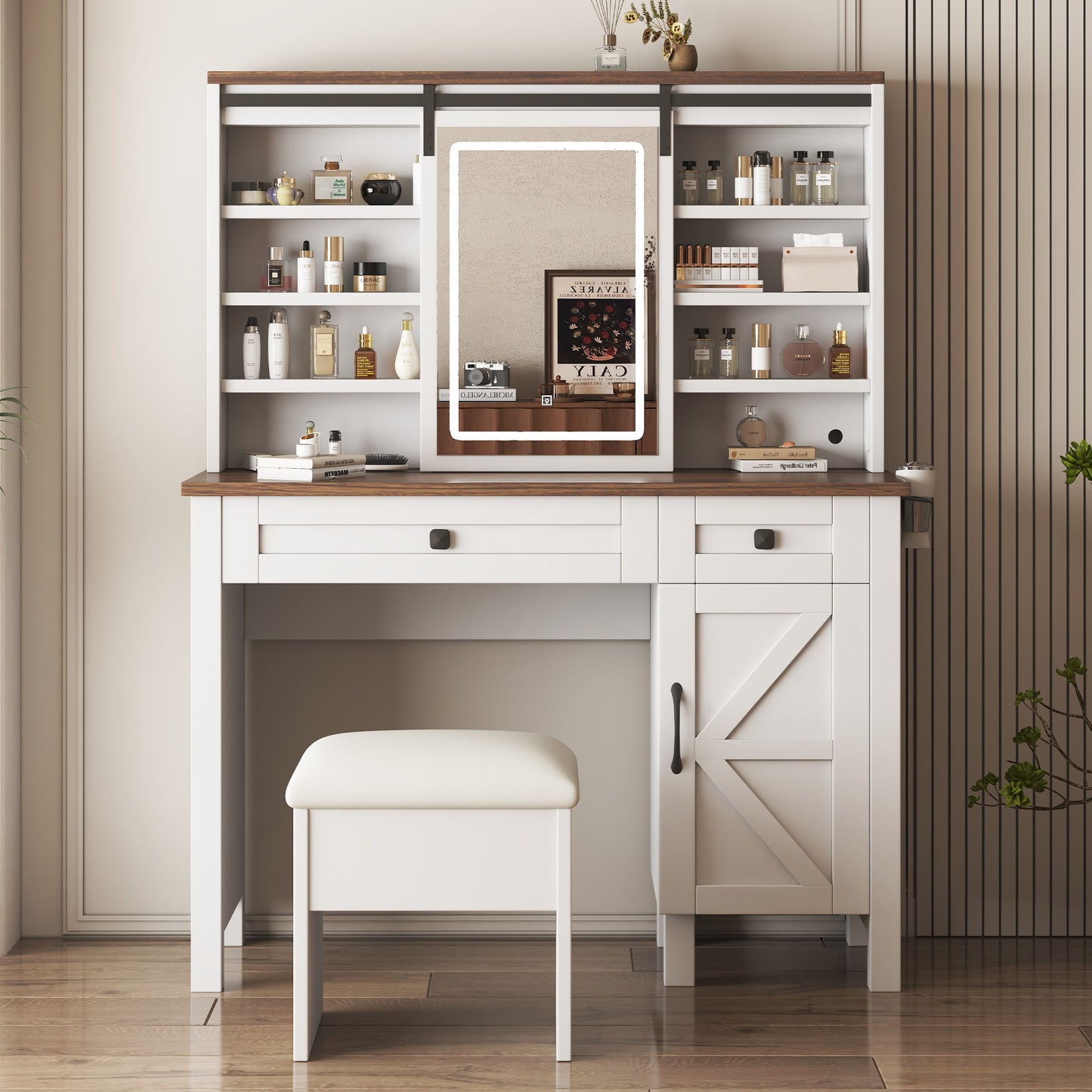 Rustic Farmhouse Makeup Vanity Desk With Sliding Mirror, LED Lights, And Charging Socket - White