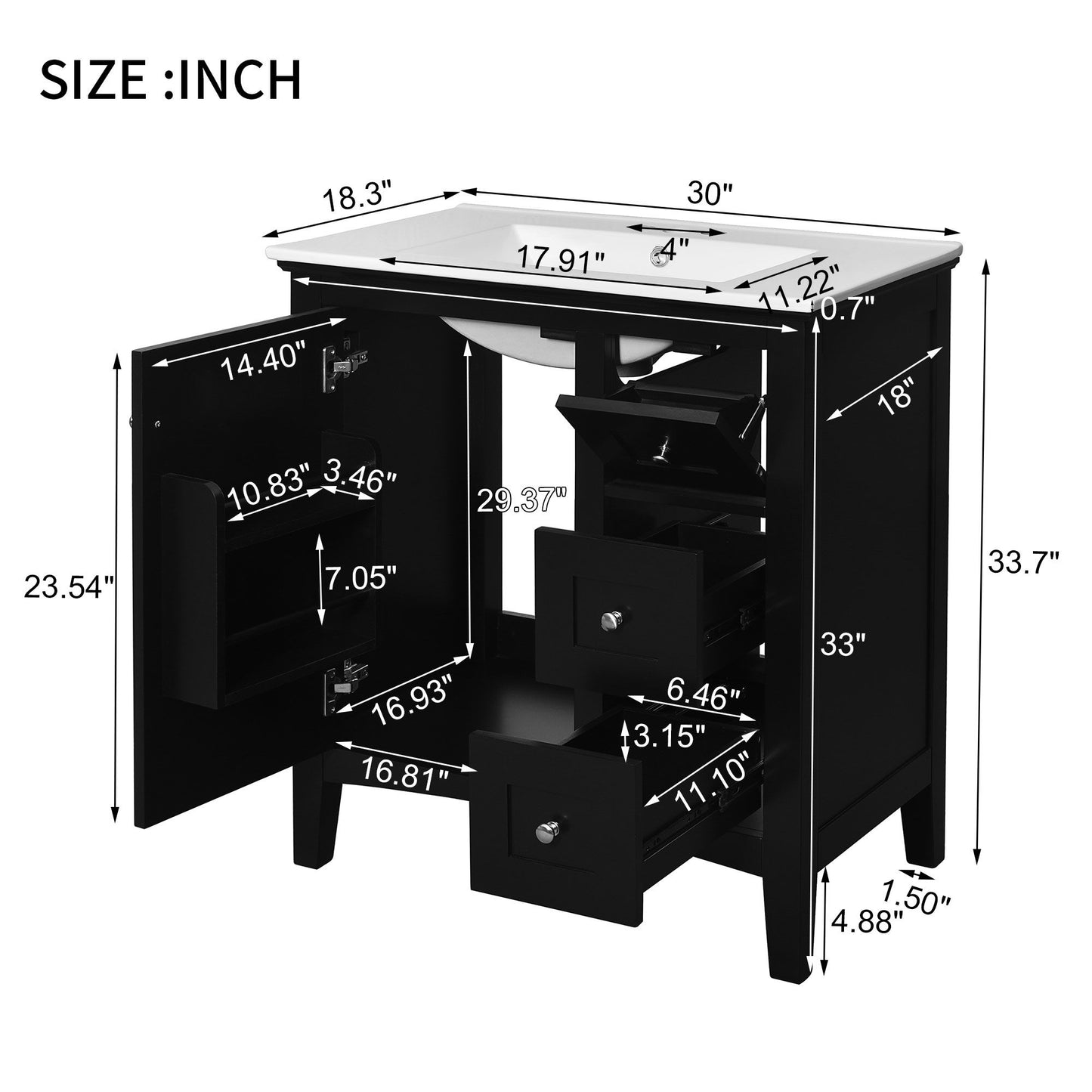 Modern Bathroom Vanity With Sink, 3 Drawer Storage Cabinet