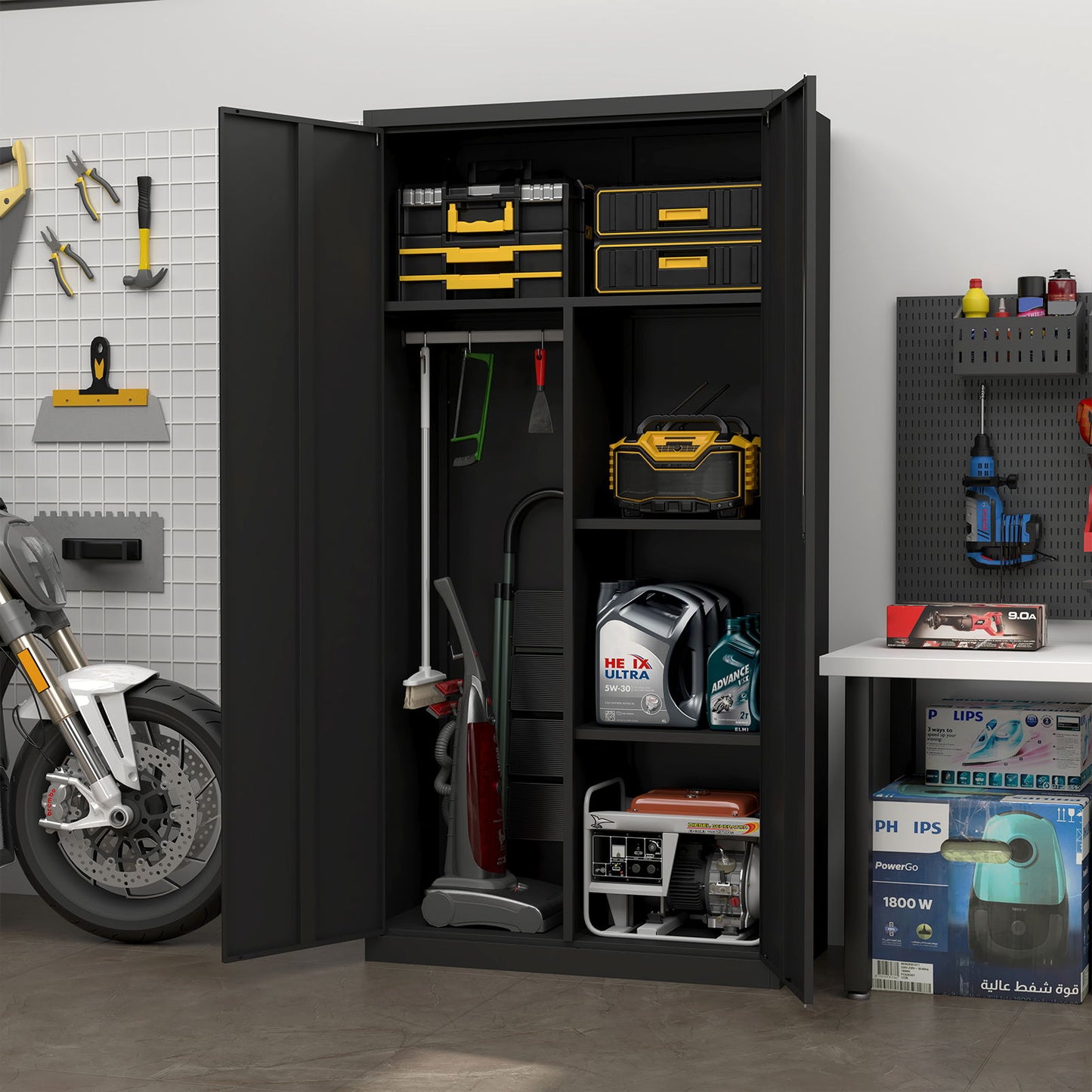 Metal Wardrobe Cabinet With Hanging Rod And Lock Adjustable Shelves Clothing Locker Storage - Black