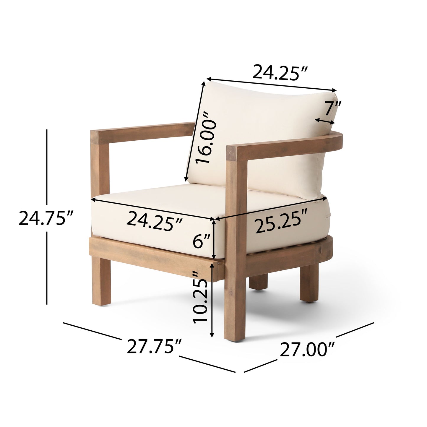 Outdoor Acacia Wood Patio Club Chair, Waterproof Thick Cushion, Deep Seating