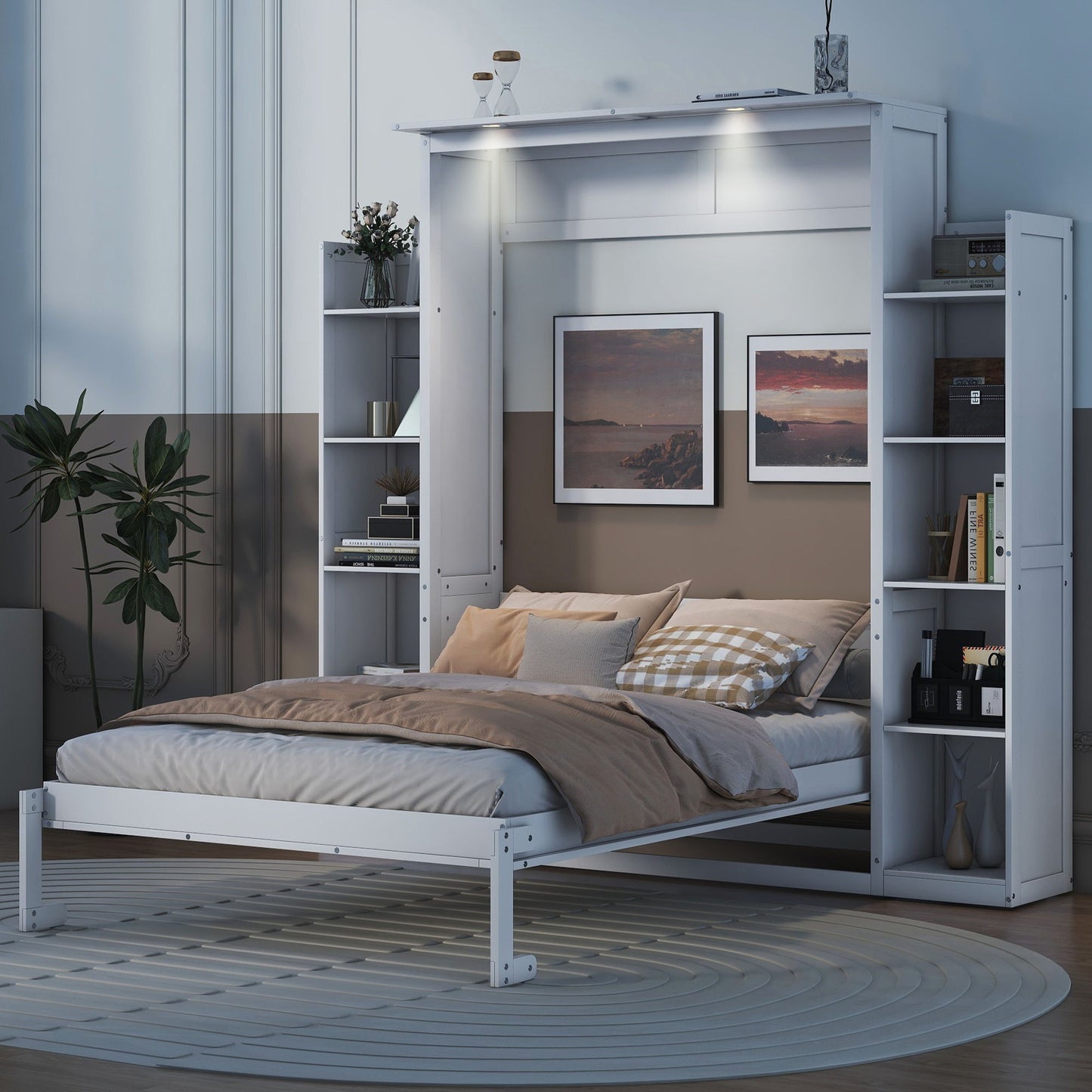 Wall Murphy Bed With Shelves And LED Lights