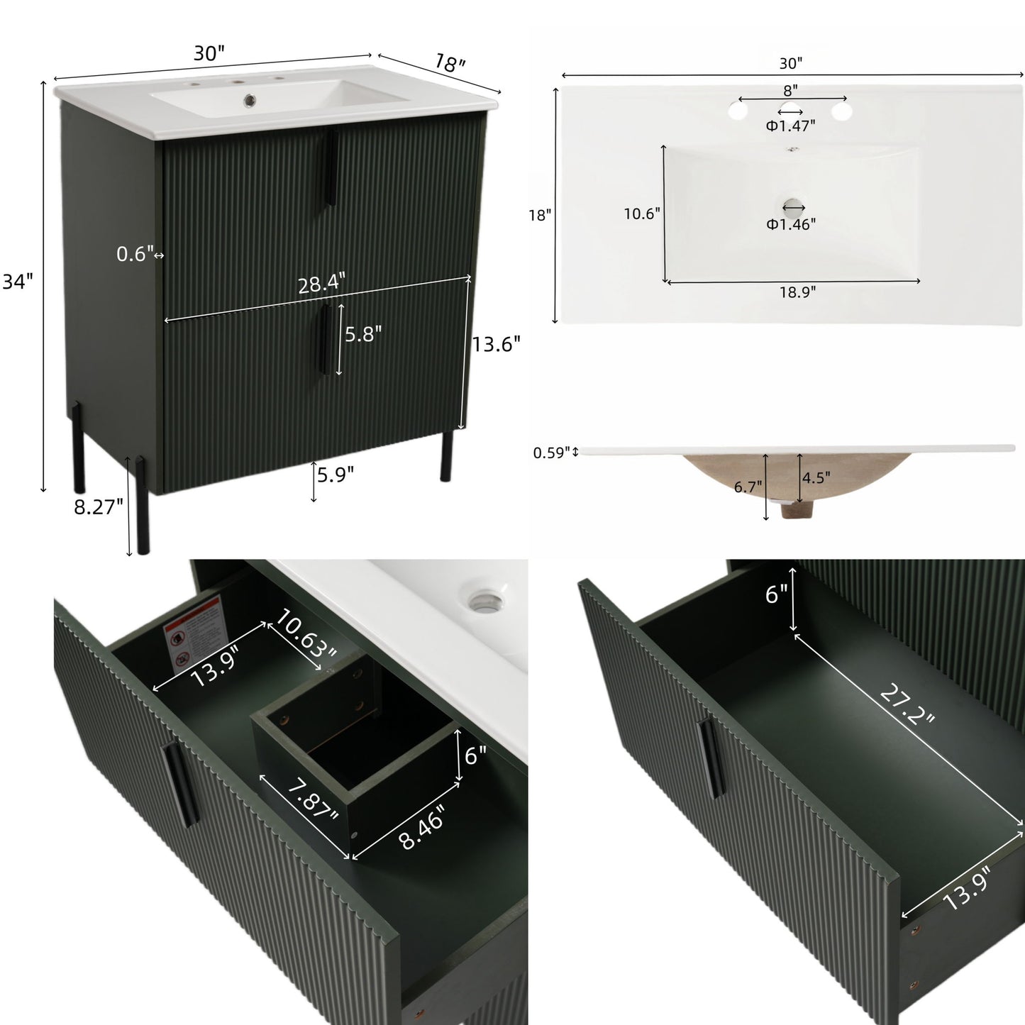 Bathroom Vanity With Ceramic Sink, Fluted Design