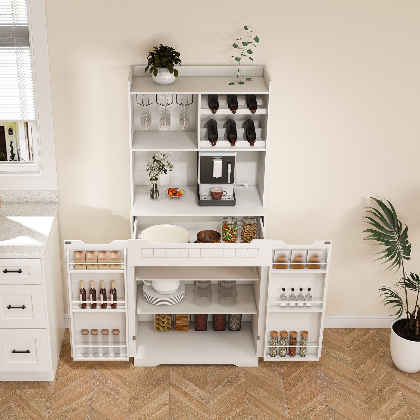 Modern Farmhouse Buffet Cabinet With Hutch Kitchen Storage Sideboard With Drawers & Barn Doors - White