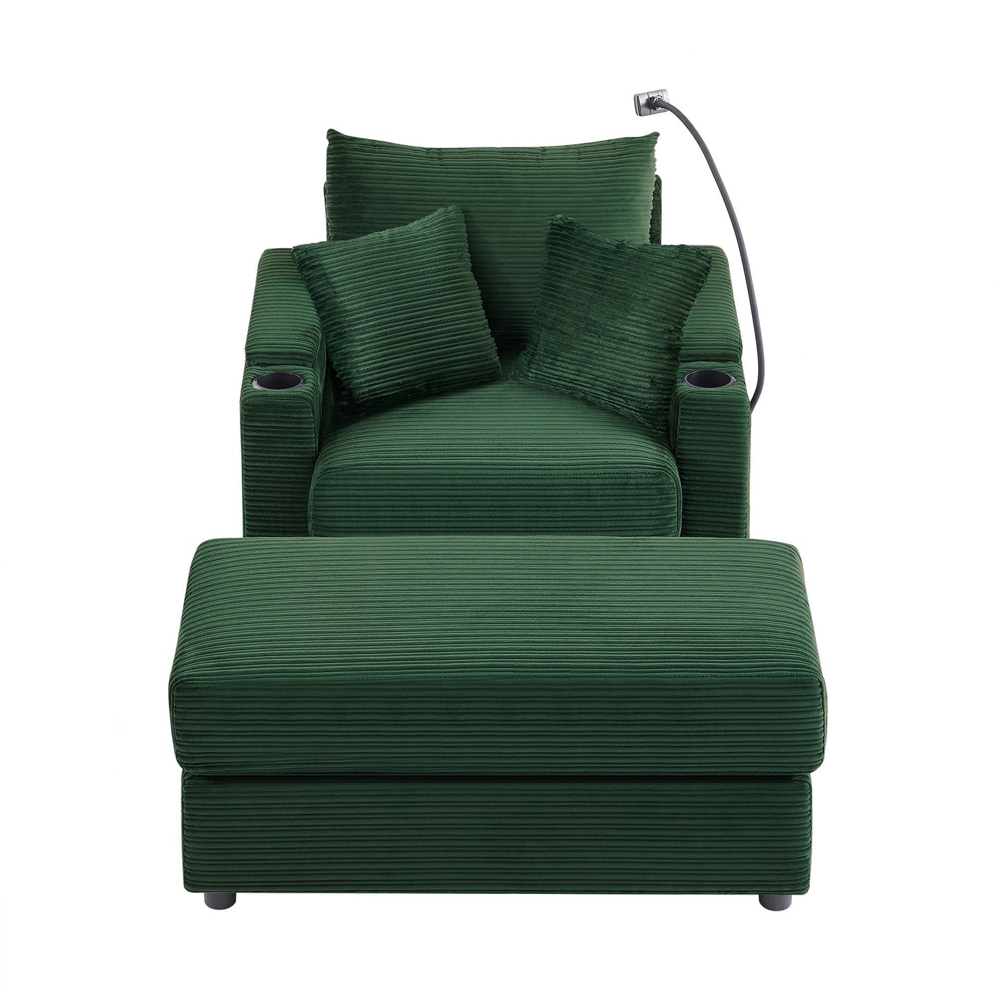 Single Sofa Couch With Storage Space, Movable Ottoman, USB Ports, Cup Holders, Phone Holder