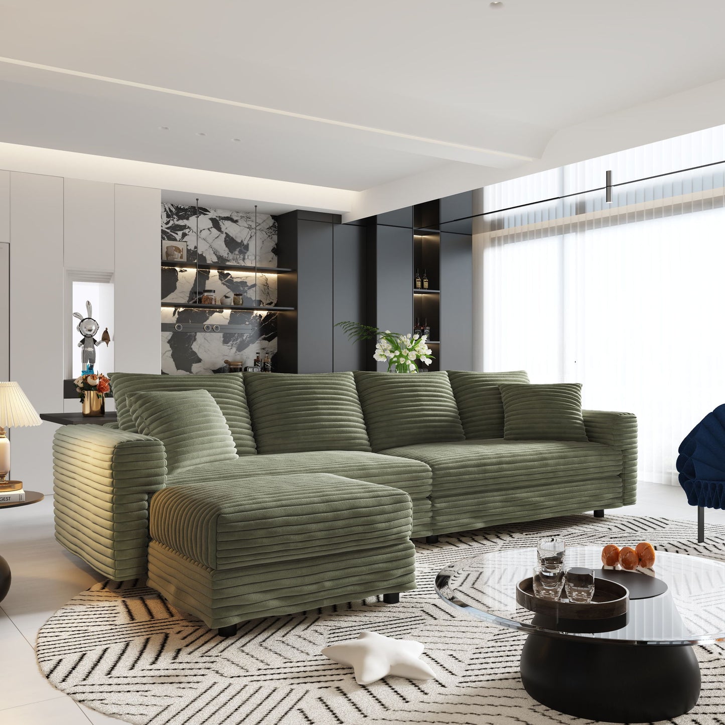 Deep Seat Convertible Sofa With Soft Pillows And Ottomans