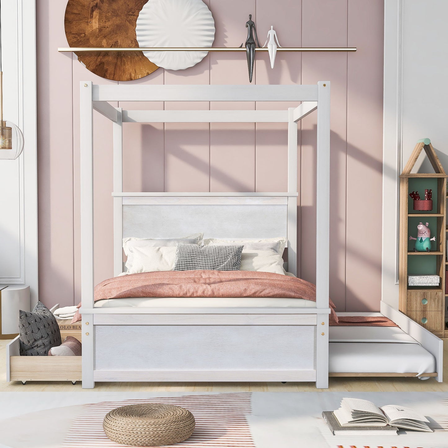 Canopy Platform Bed With Drawers, Support Slats, No Box Spring Needed