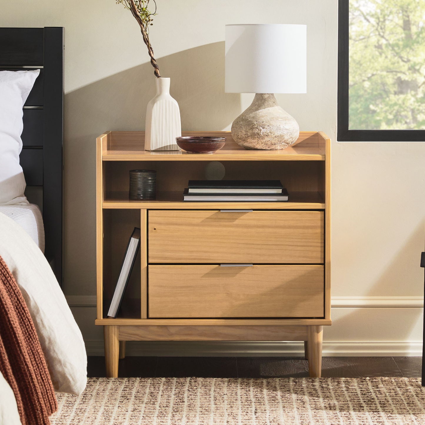 Mid-Century Modern Solid Wood 2 Drawer Gallery Nightstand