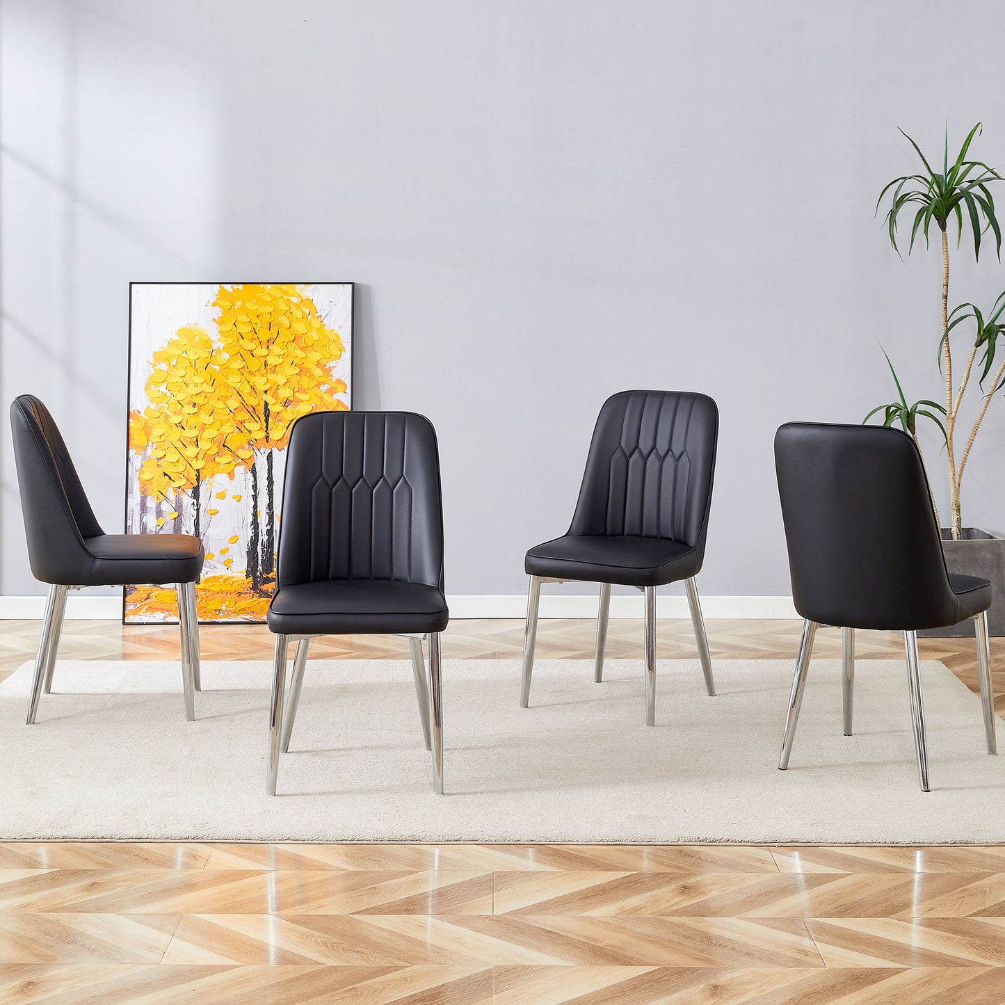 Modern Dining Chairs (Set of 4) With Backrest And Silver Metal Legs For Home And Office - Black