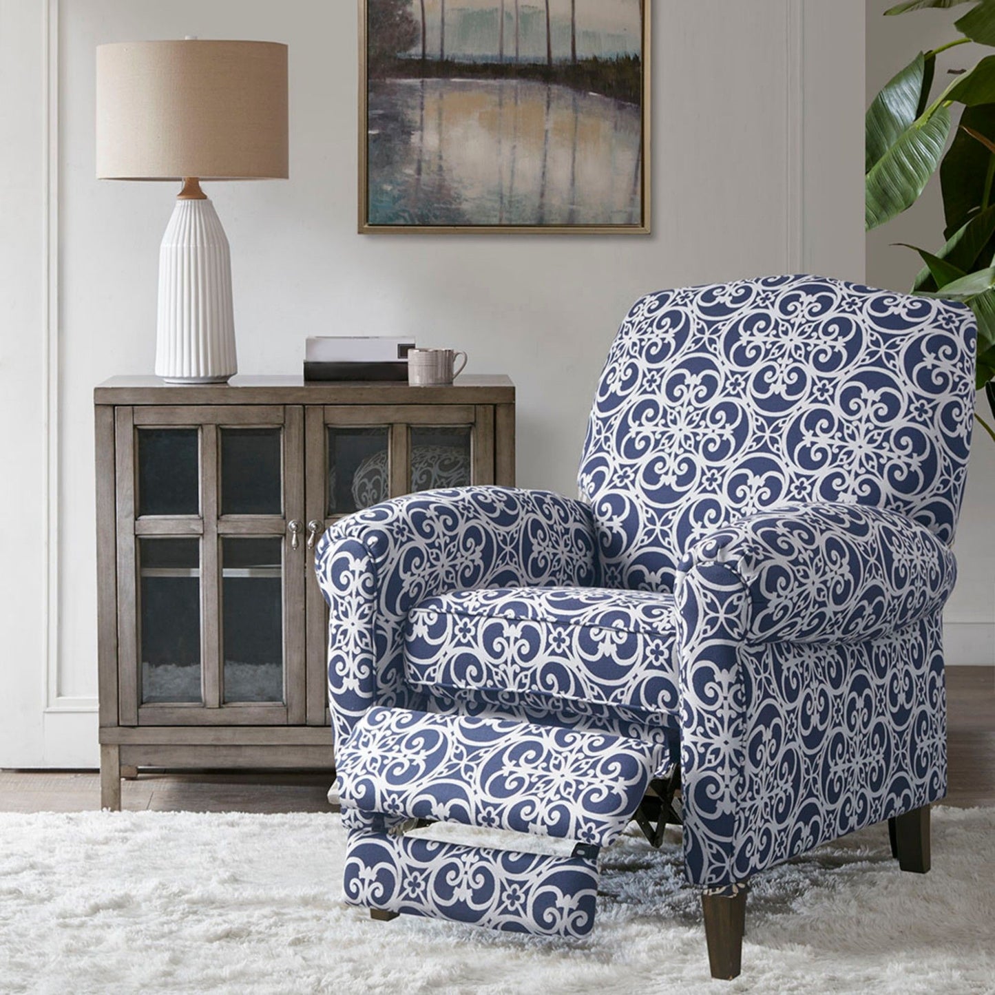 Push Back Recliner Chair With Fretwork Pattern And Solid Wood Legs - Multicolor