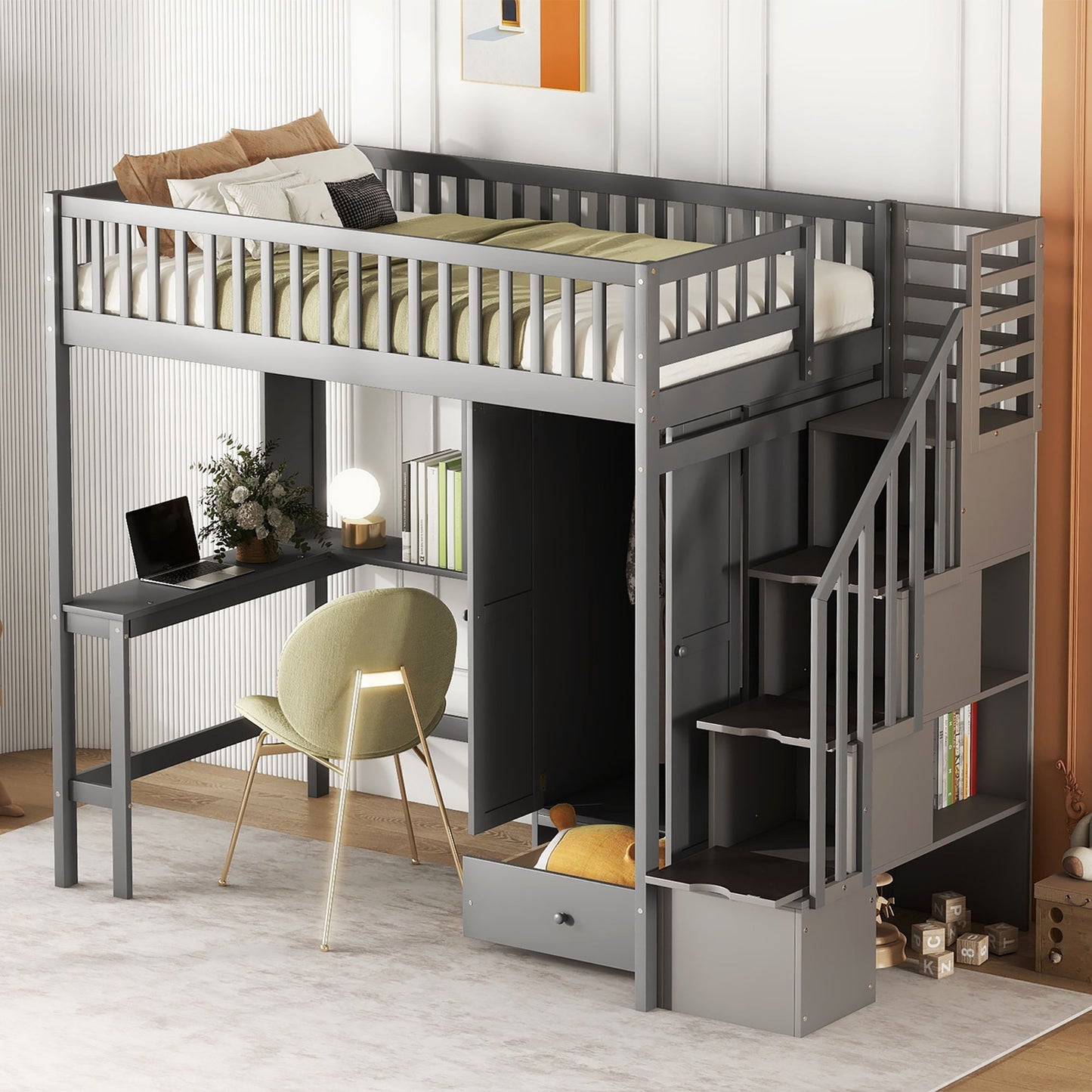 Loft Bed With Bookshelf, Drawers, Desk, And Wardrobe