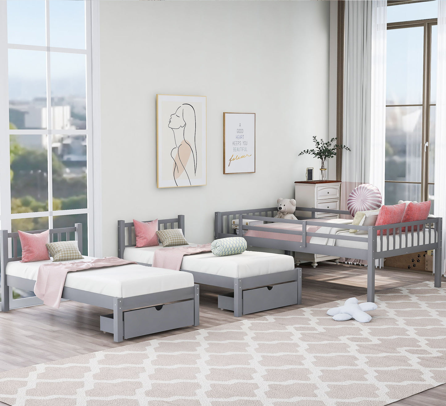 Triple Bunk Bed With Drawers And Guardrails