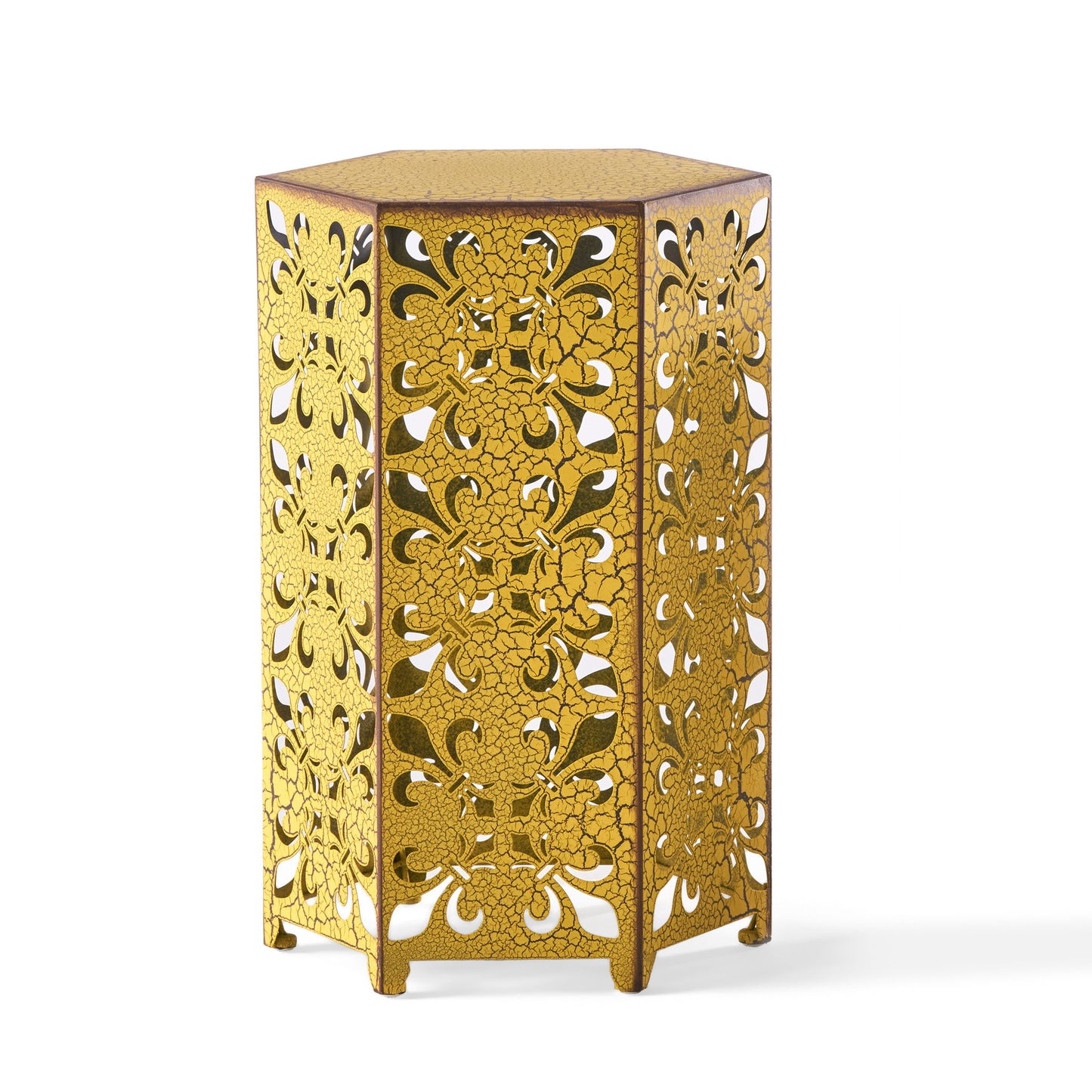 Outdoor Hexagonal Accent Table Set With Charming Fleur De Lis Panel Sides - Antique Yellow