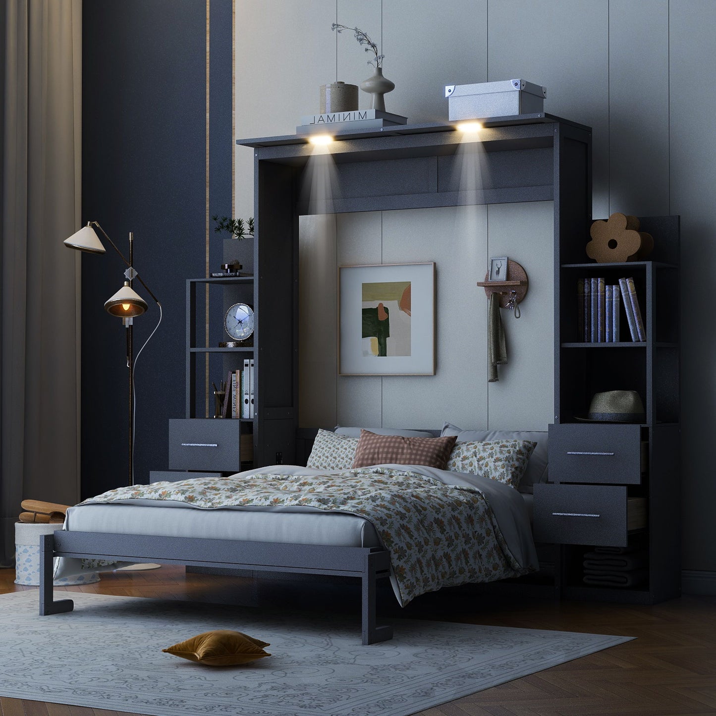 Murphy Wall Bed With Shelves, Drawers And LED Lights