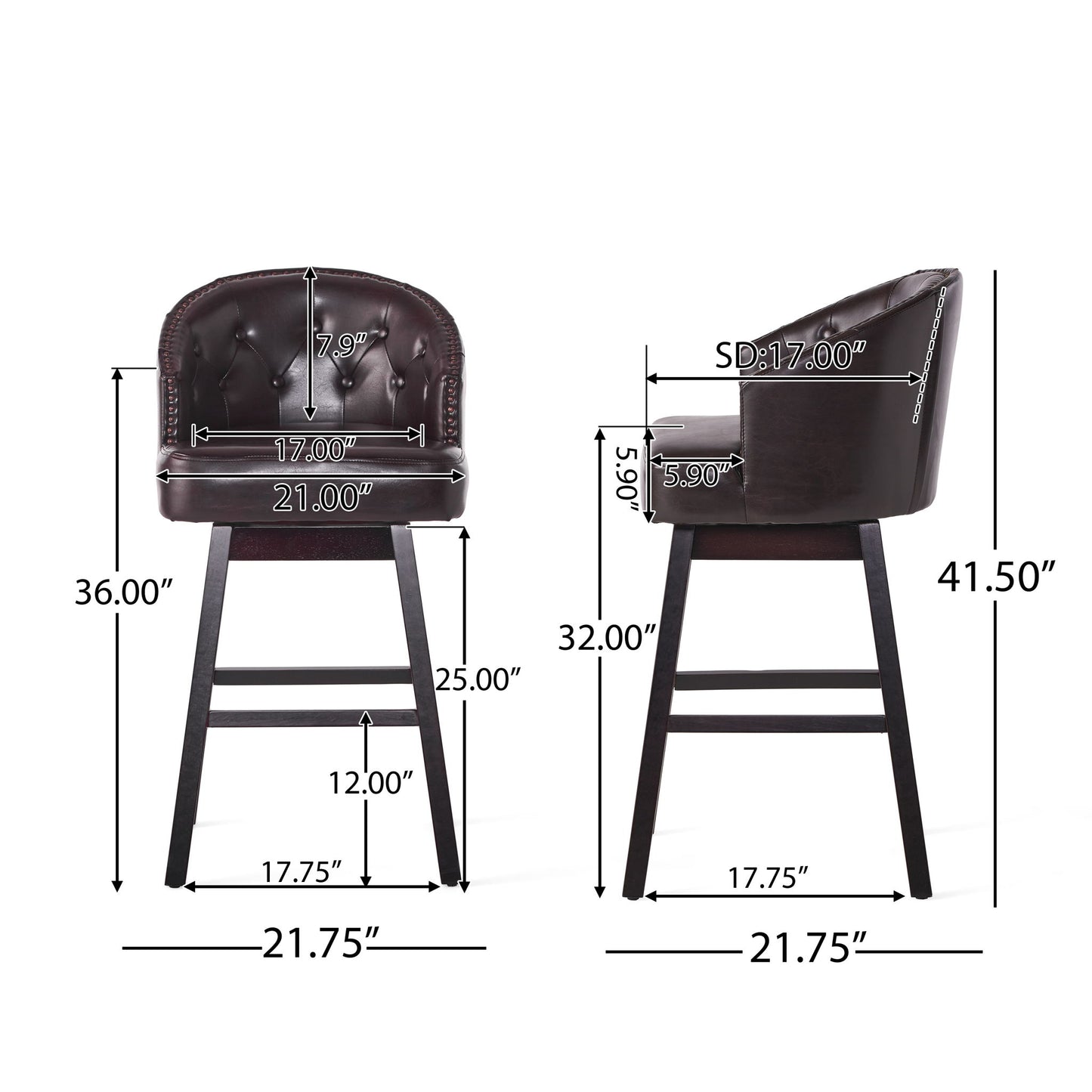 Mellifluous - 360 Degree Swivel Bar Stool With Stunning Nailhead Trim, (Set of 2)