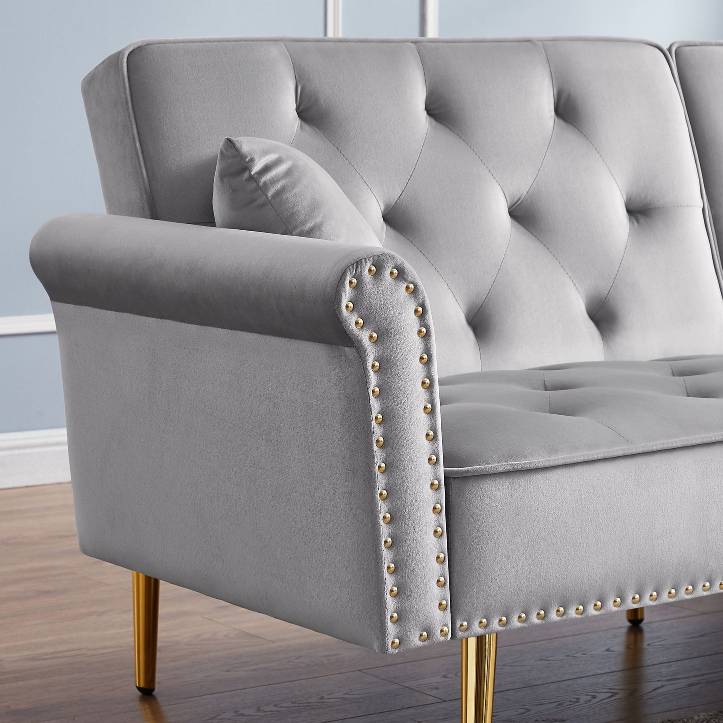 Tufted Sofa Couch With 2 Pillows And Nailhead Trim