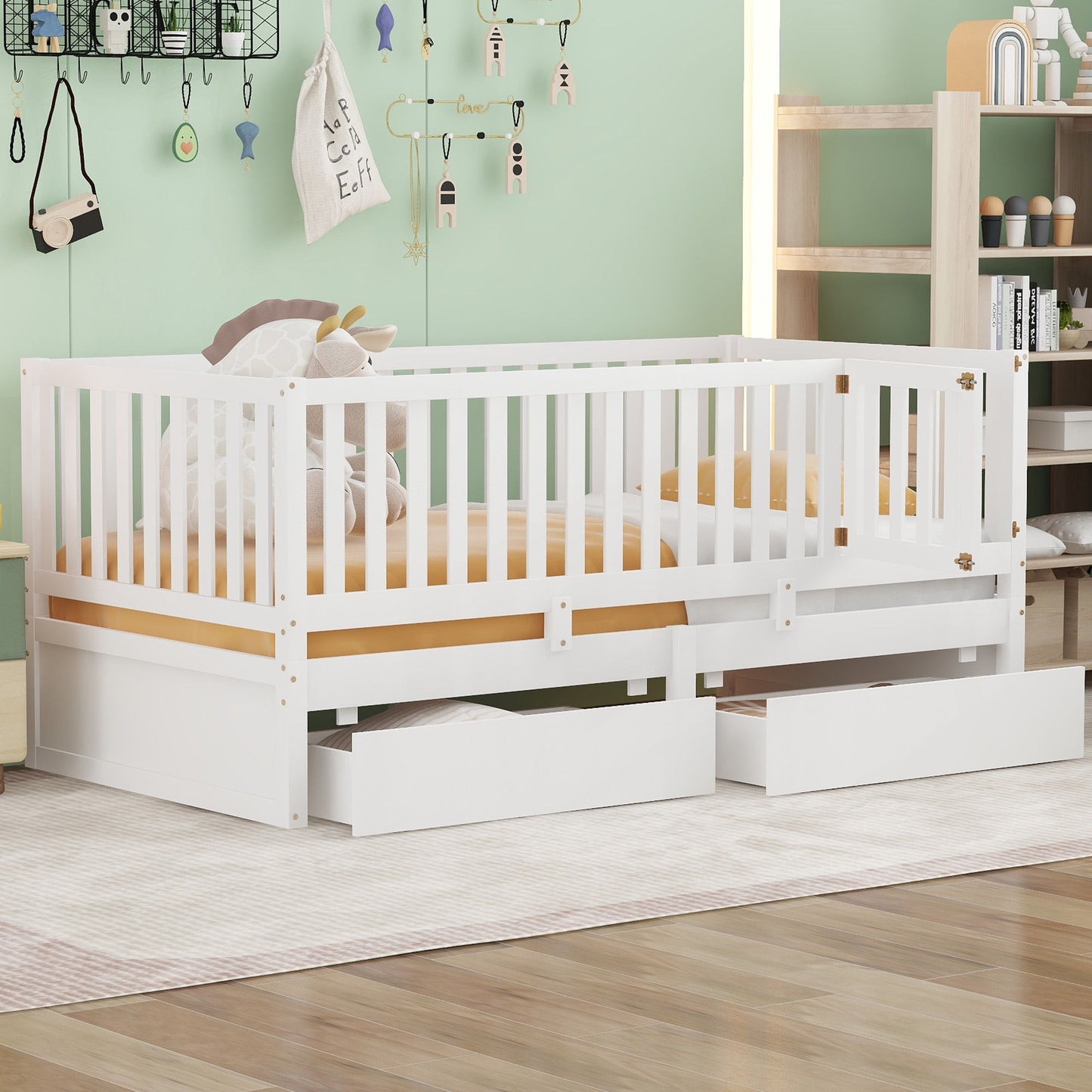Daybed With Fence Guardrails And 2 Drawers, Split Into Independent Floor Bed & Daybed