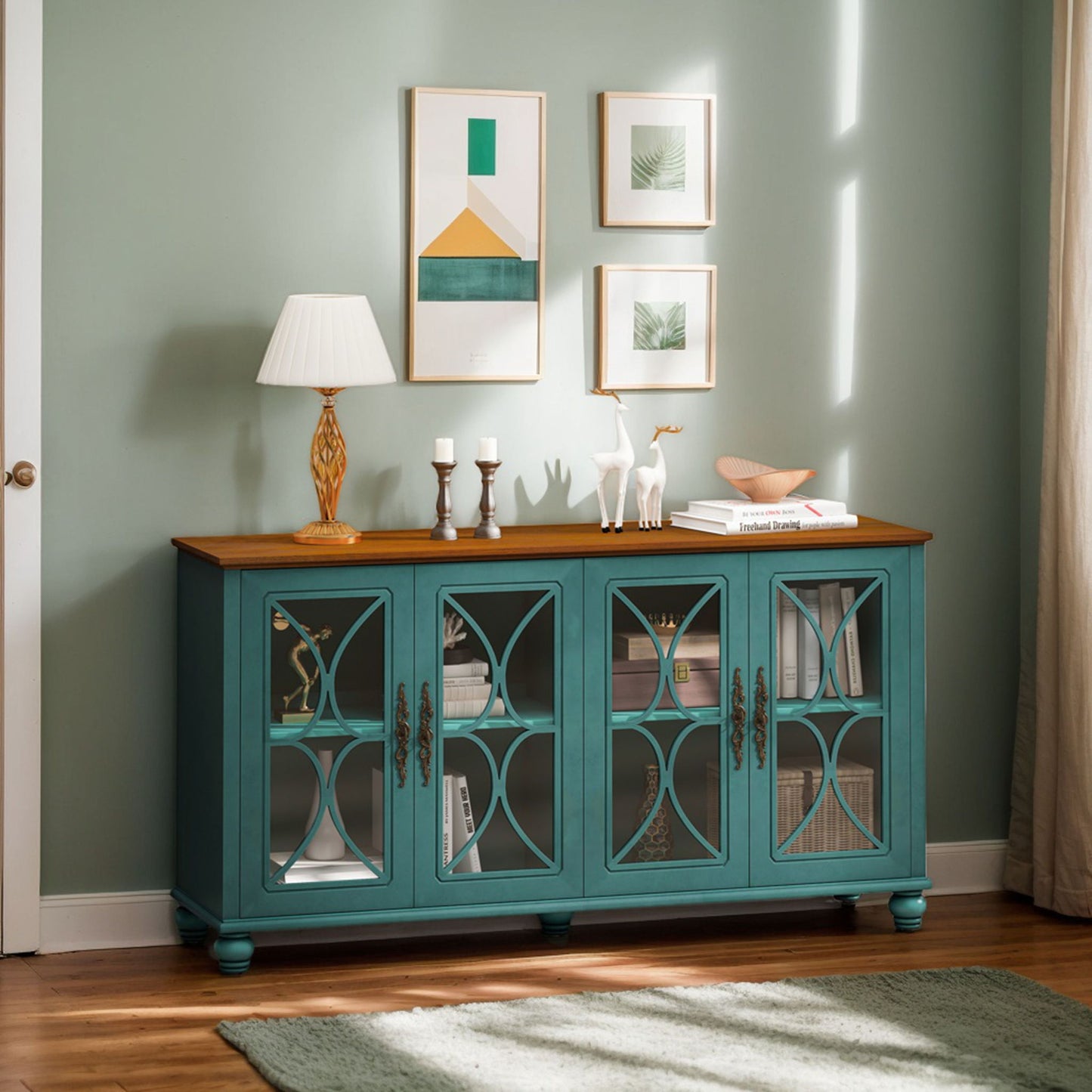 Elegant 4 Door Cabinet With Tempered Glass Doors