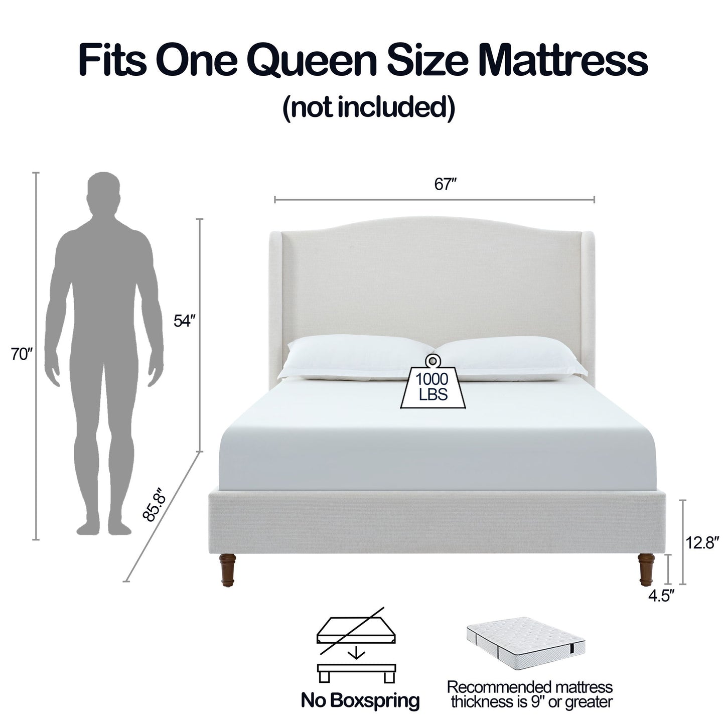 Hannah - Upholstered Wingback Bed Size / Tall Headboard Upholstered King Bed / Premium Textured Canvas Chenille Look / Minimalist Designs / No Box Spring Needed