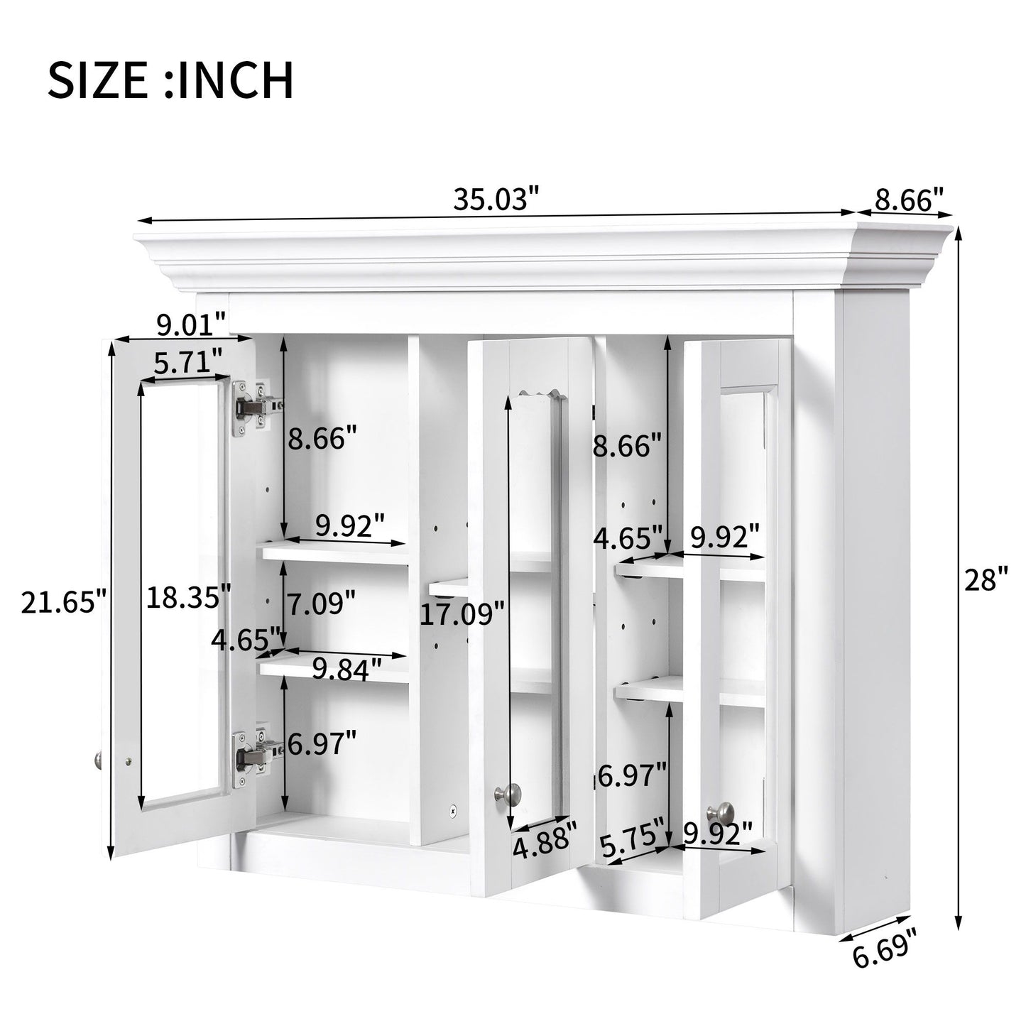 Bathroom Medicine Cabinet With Mirror, 5 Adjustable Closed Shelves, Wall-Mounted - White