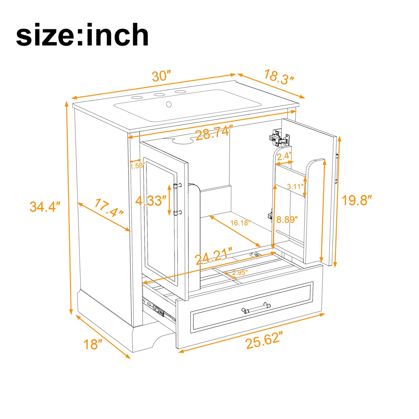 Bathroom Vanity With Sink, 1 Divided Drawer And 2 Soft Close Doors With Double Shelf