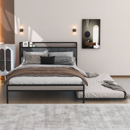 Platform Bed Frame With Trundle, USB Ports And Slat Support, No Box Spring Needed