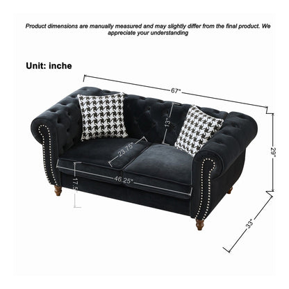 Chesterfield 3 And 2 Seater Velvet Upholstery Sofa With Roll Armrest & Nailhead Fabric Couch