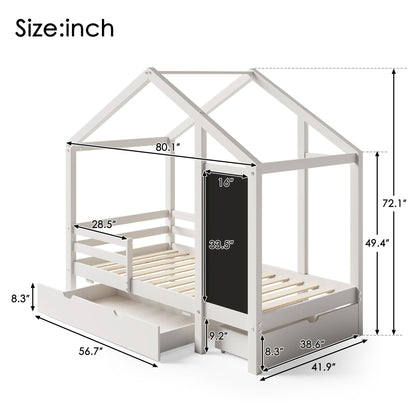 Twin House Bed With Blackboard And Drawers, 2 Assembly Options - White
