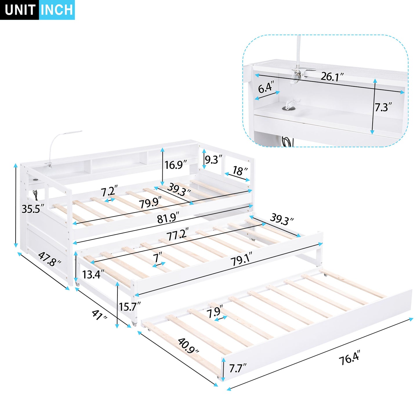 Daybed With 2 Trundles, 3 Storage Cubbies, Built In USB Charging Light