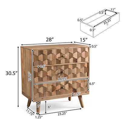Mid Century Modern Mango Wood 3 Drawer Chest With 3D Tile Weave Design - Natural