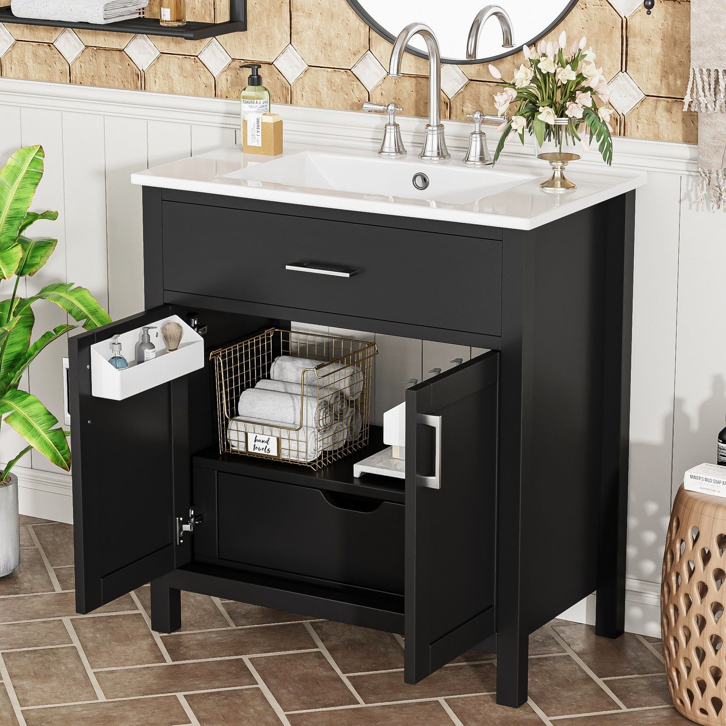 Bathroom Vanity With Sink And Ample Storage, Rectangular Undermount Sink - Black