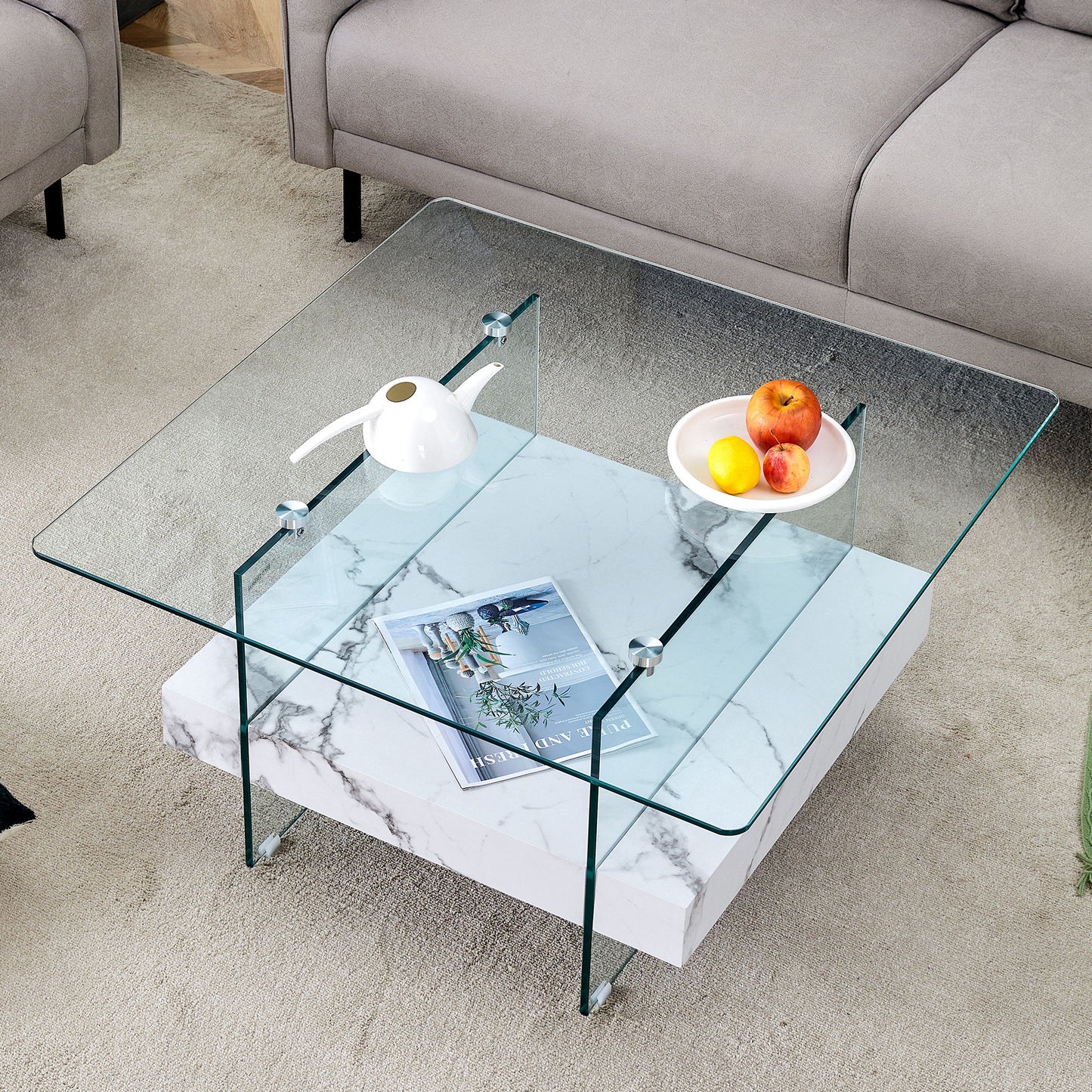 Modern 2 Tier Square Coffee Table, Elegant Marble Pattern
