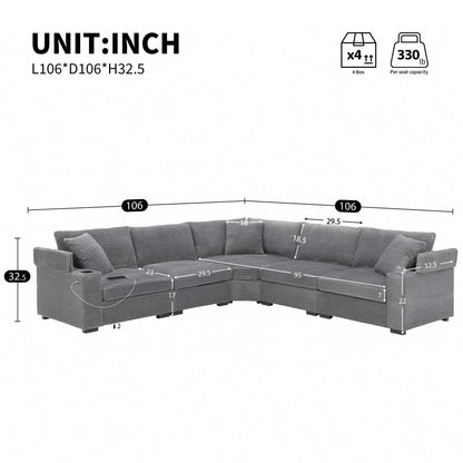 Convertible L Shaped Sectional Corner Couch With Armrest Storage Cup Holders USB Charger, Irregular Corner Oversized Comfy Modular Sofa