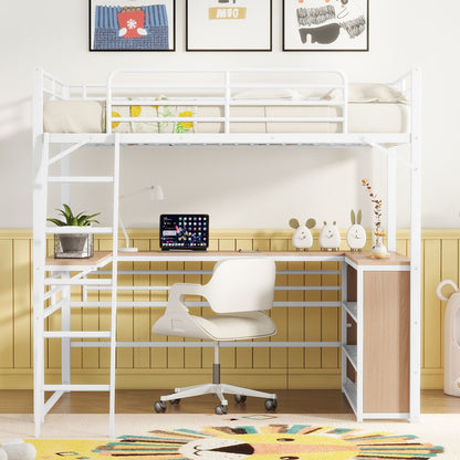 Loft Bed & 3 Layers Of Shelves And L-Shaped Desk