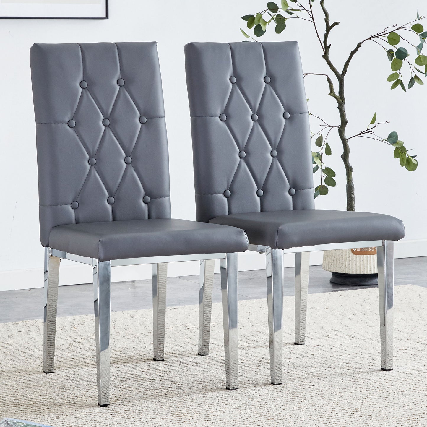 Vintage Style Armless Dining Chairs Set With Grid And Buckle Design