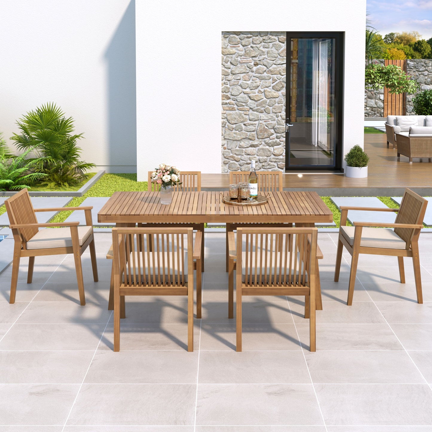 7 Piece Patio Furniture Set Acacia Wood Table And 6 Heavy Duty Cushioned Chairs