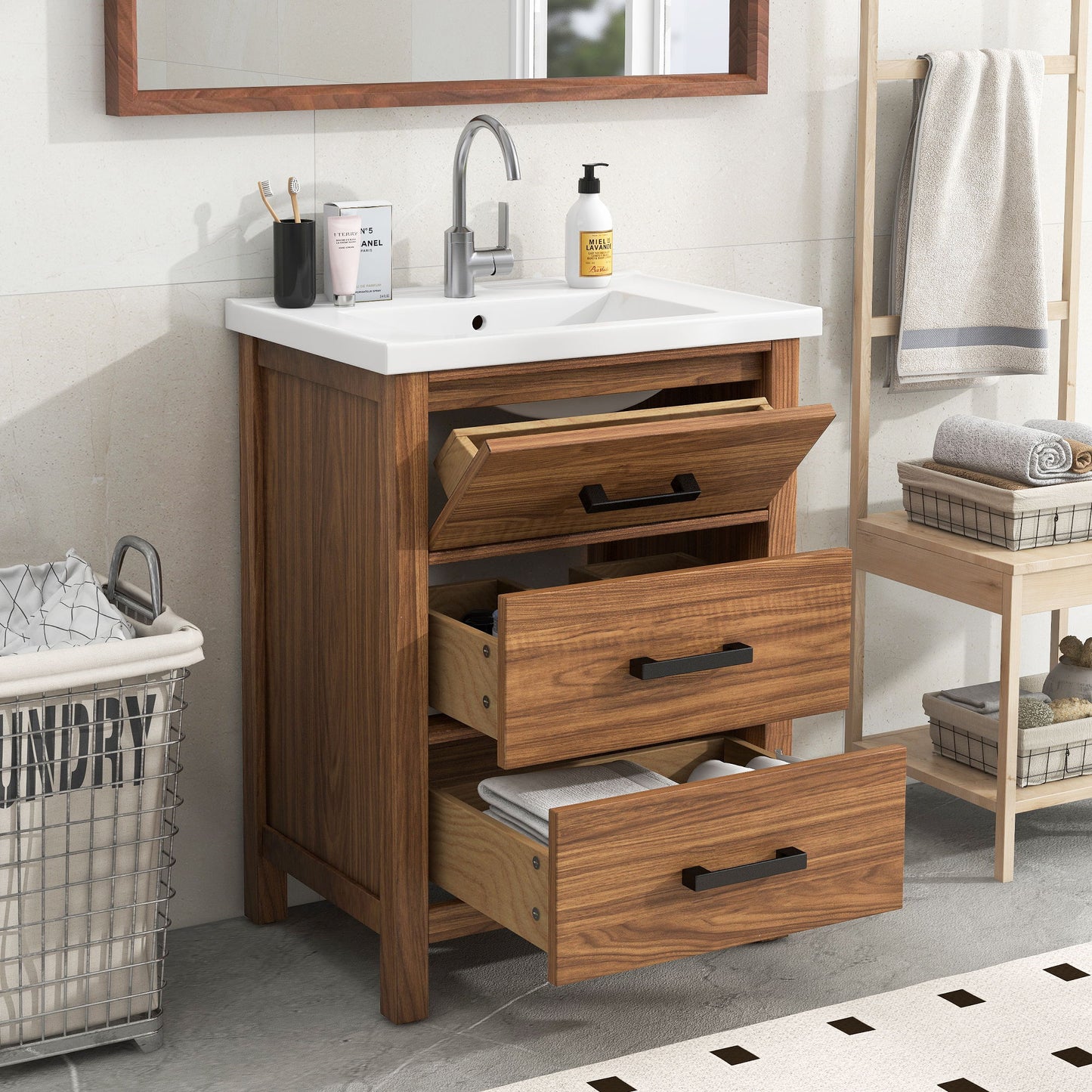 24'' Bathroom Vanity With Basin Sink, 3 Drawer Storage Cabinet - Natural Wood