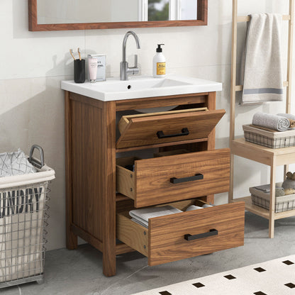 24'' Bathroom Vanity With Basin Sink, 3 Drawer Storage Cabinet - Natural Wood