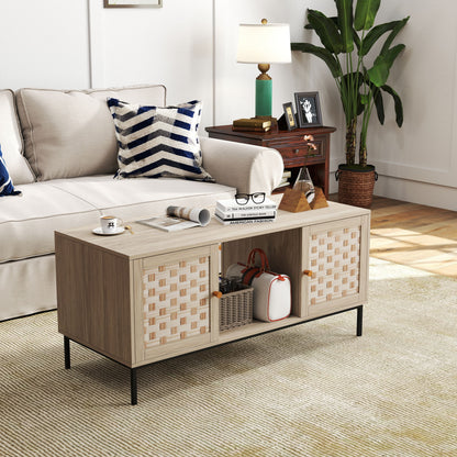 Elegant Veener Weaving Design Coffee Table With 4 Sliding Doors - Natural Wood