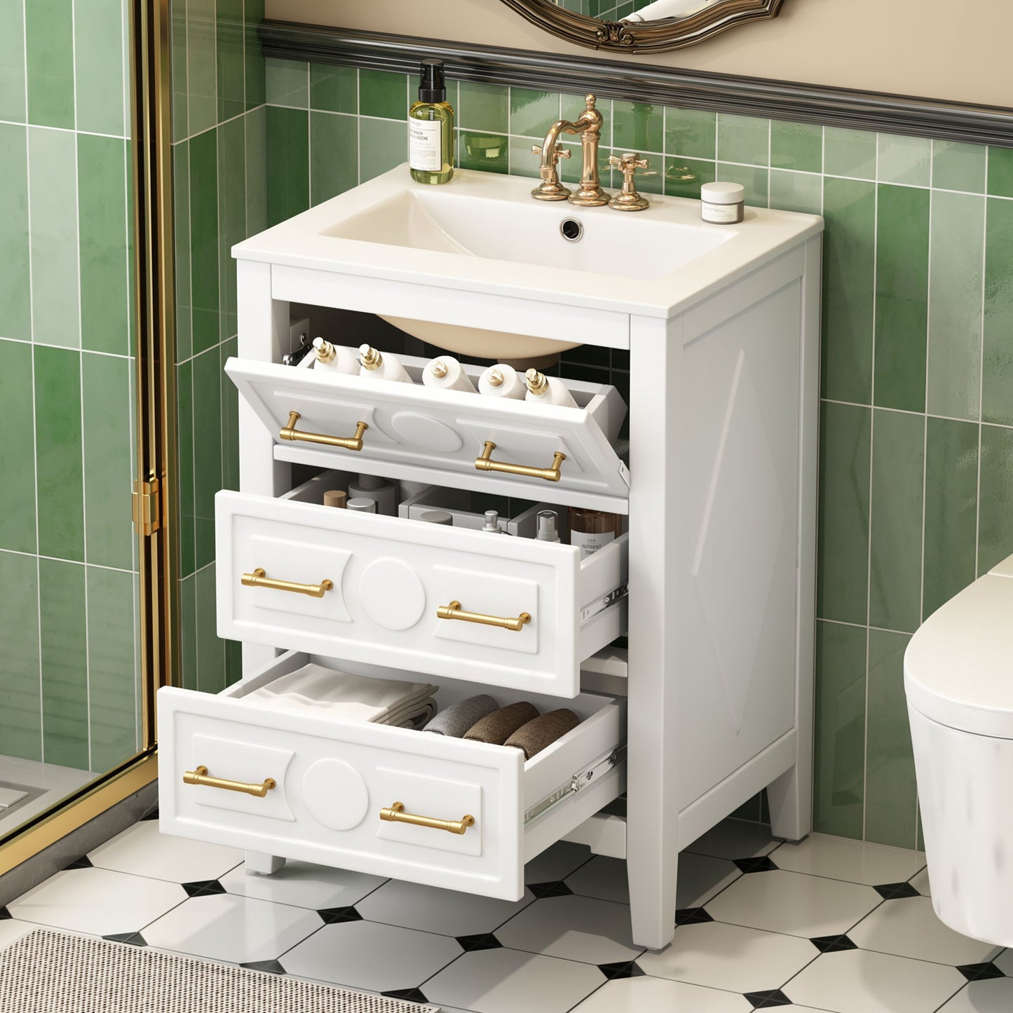 Bathroom Vanity With Sink, Free Standing Single Set, 3 Drawer Storage Cabinet